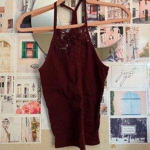 Aeropostale High Neck Crochet Detailing Maroon Tank Top